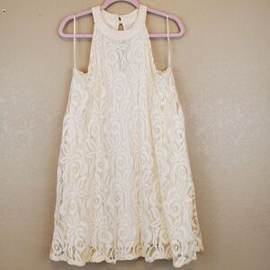Altar'd State Cream Floral Lace High Neck Halter Tunic Swing Lined Mini Dress